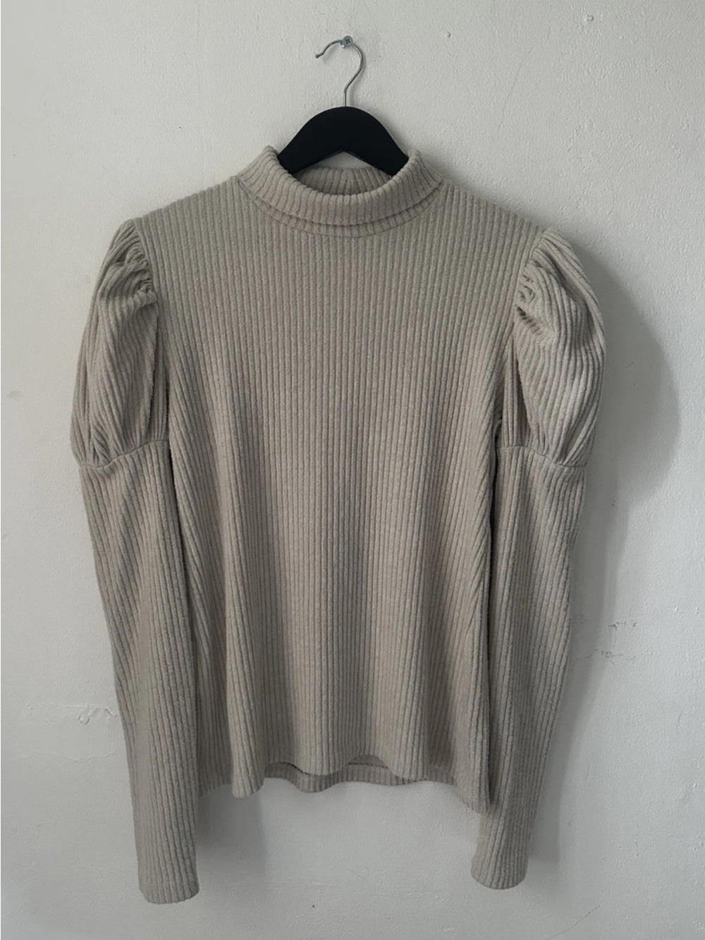 Hanout Women's Beige Ribbed Puff Sleeve Mock Neck Sweater Victorian Style